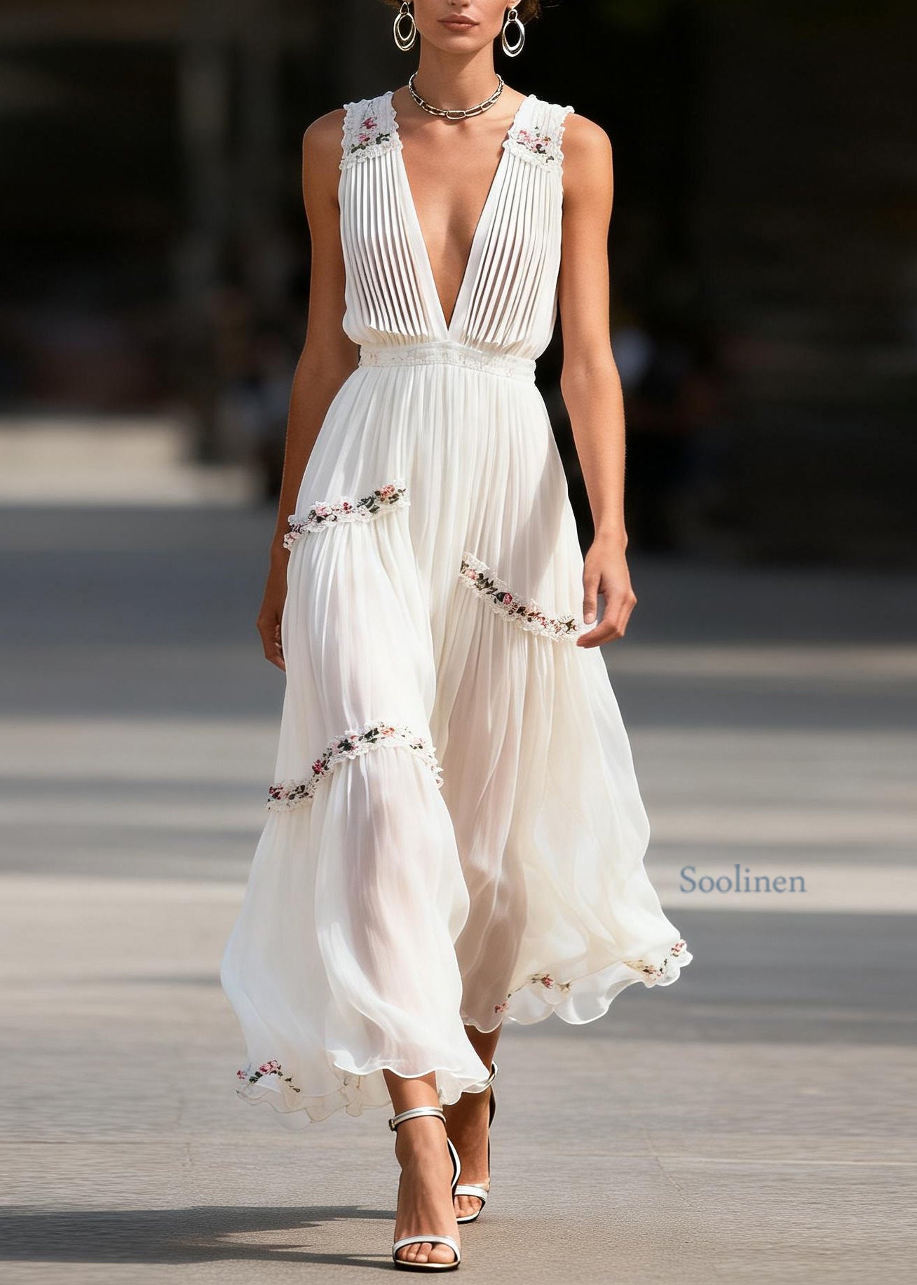 Stylish White V Neck Ruffled Floral Chiffon Long Dresses Sleeveless