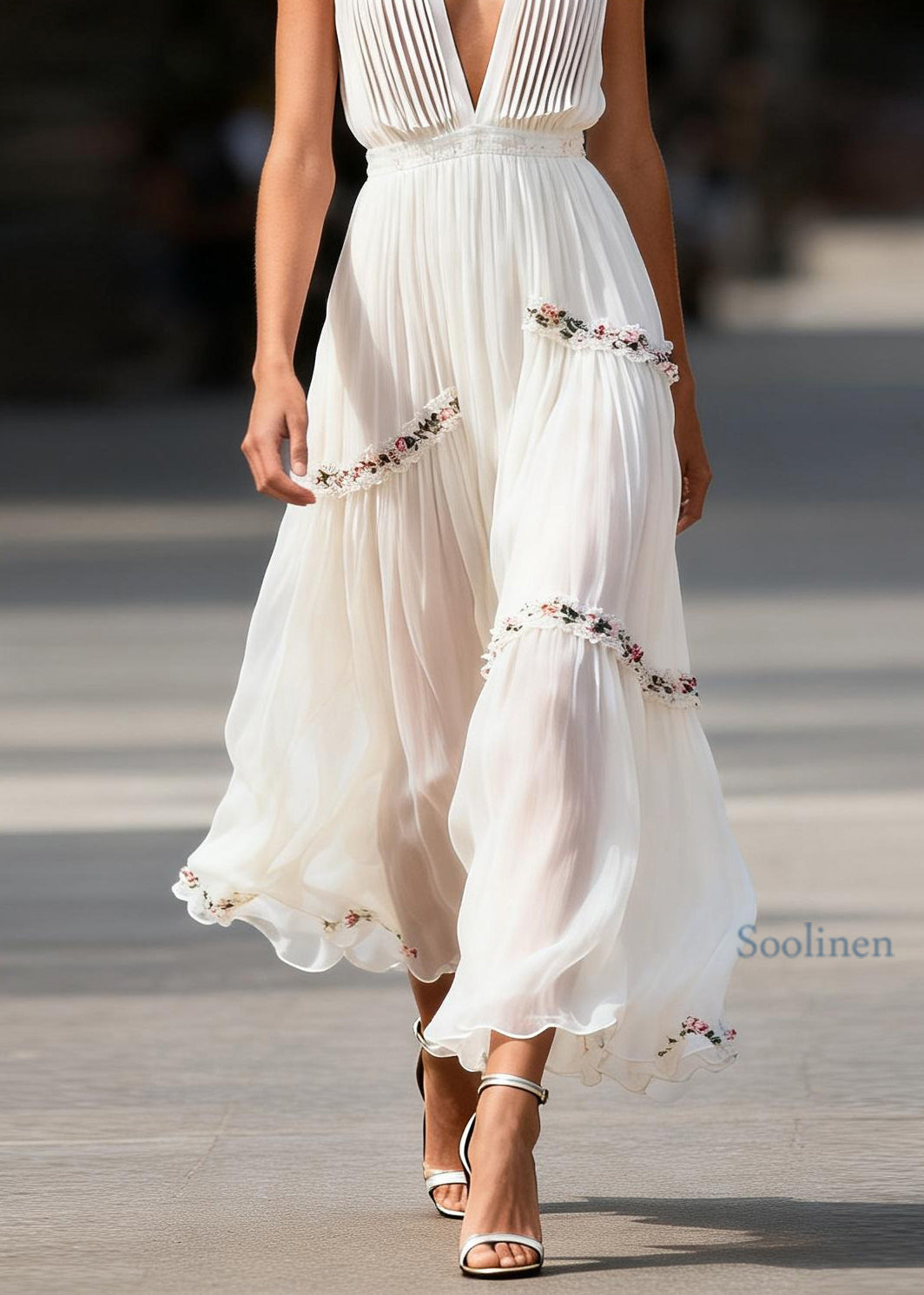 Stylish White V Neck Ruffled Floral Chiffon Long Dresses Sleeveless