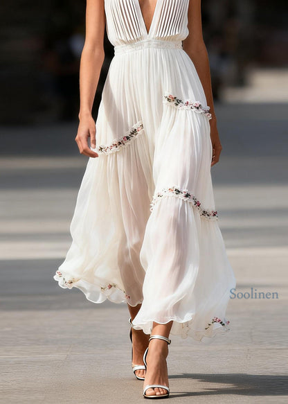 Stylish White V Neck Ruffled Floral Chiffon Long Dresses Sleeveless