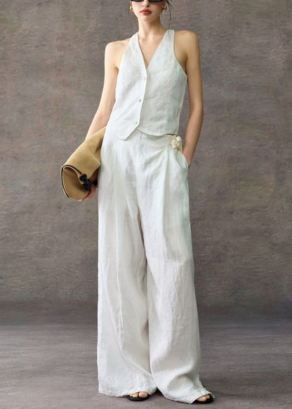Stylish White V Neck Waistcoat And Wide Leg Pants Linen Two Piece Set Sleeveless