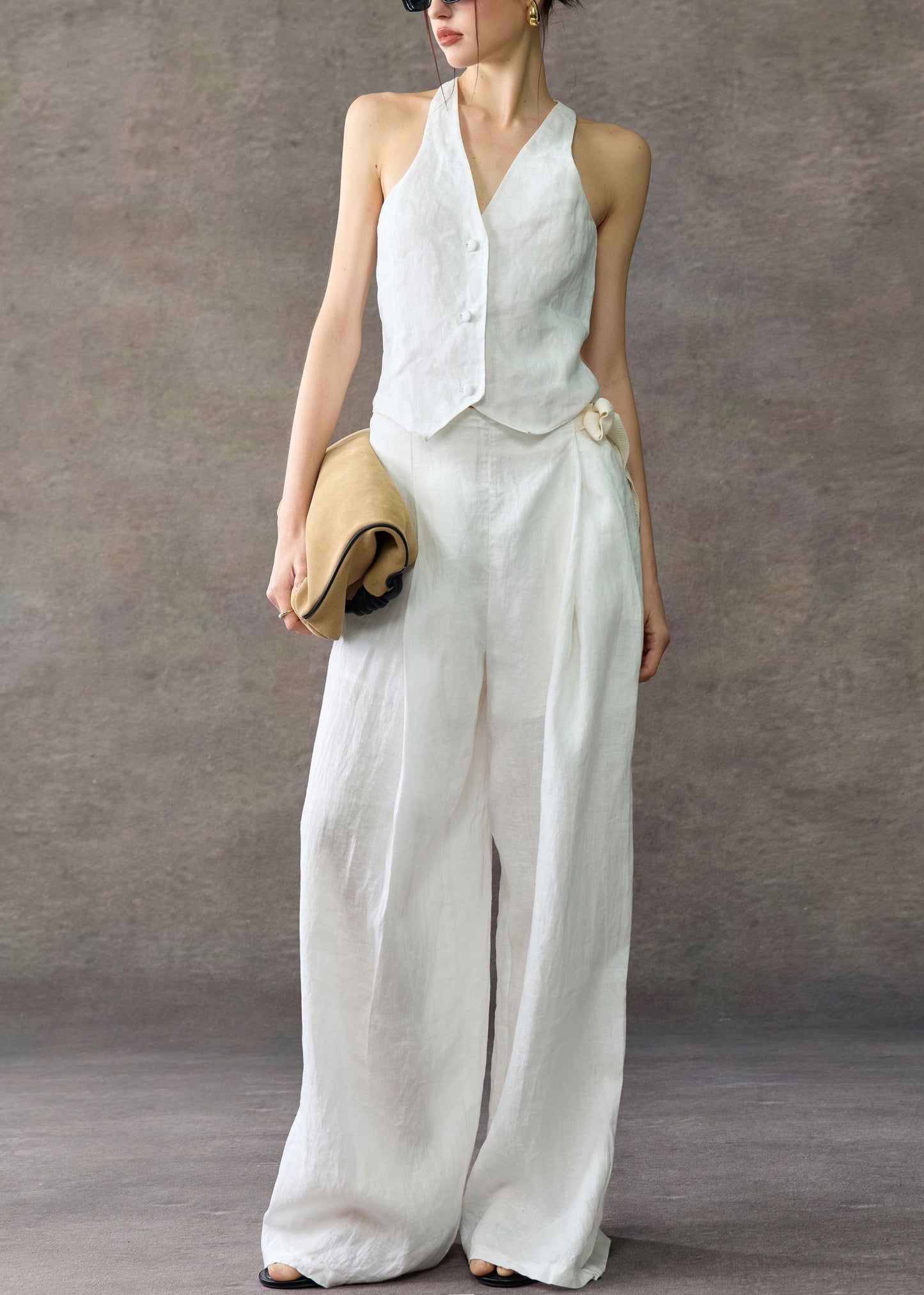 Stylish White V Neck Waistcoat And Wide Leg Pants Linen Two Piece Set Sleeveless