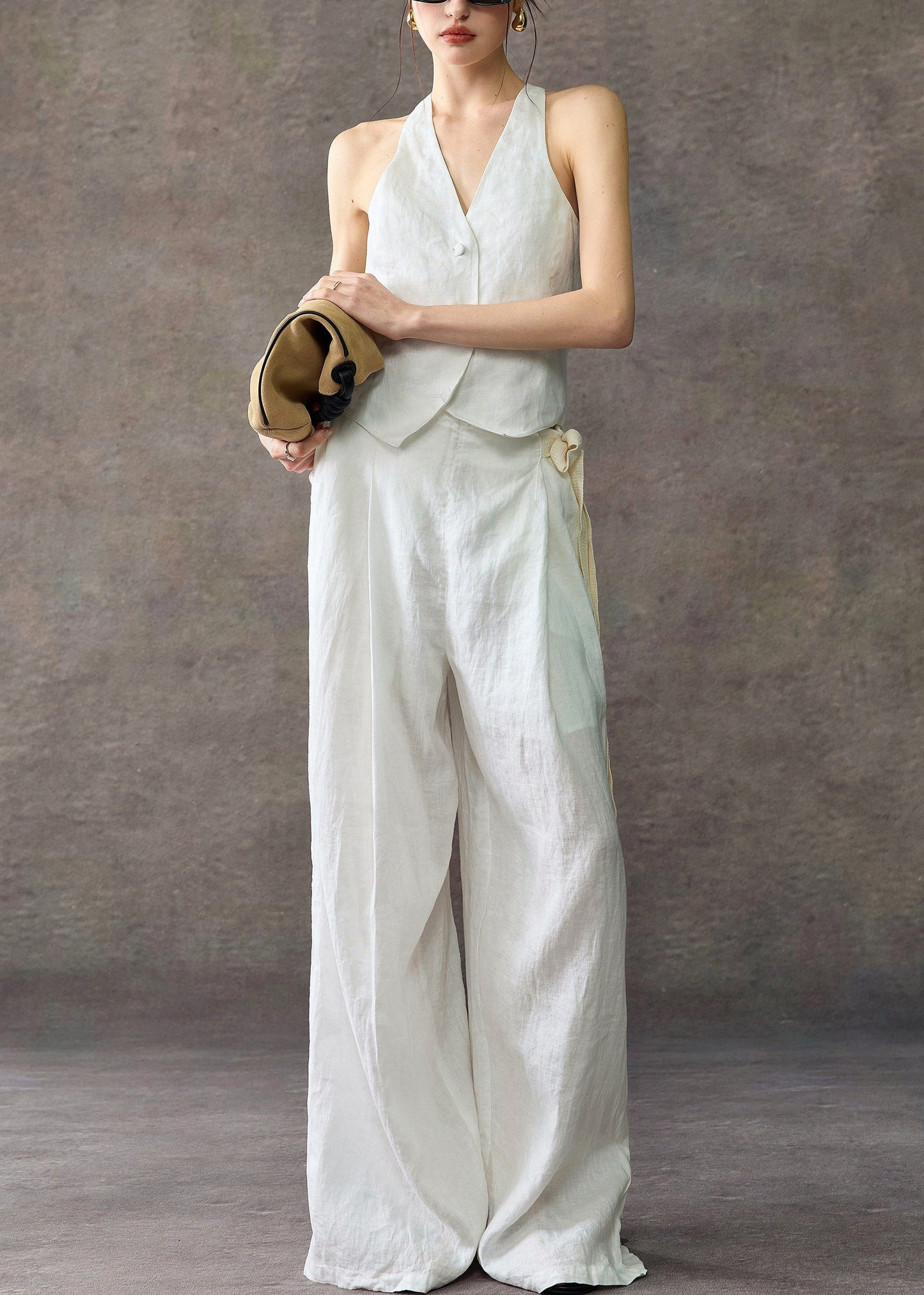 Stylish White V Neck Waistcoat And Wide Leg Pants Linen Two Piece Set Sleeveless
