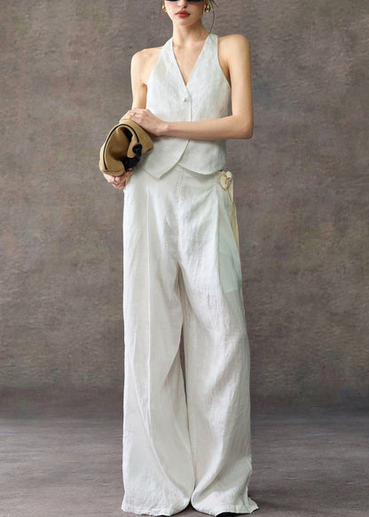Stylish White V Neck Waistcoat And Wide Leg Pants Linen Two Piece Set Sleeveless