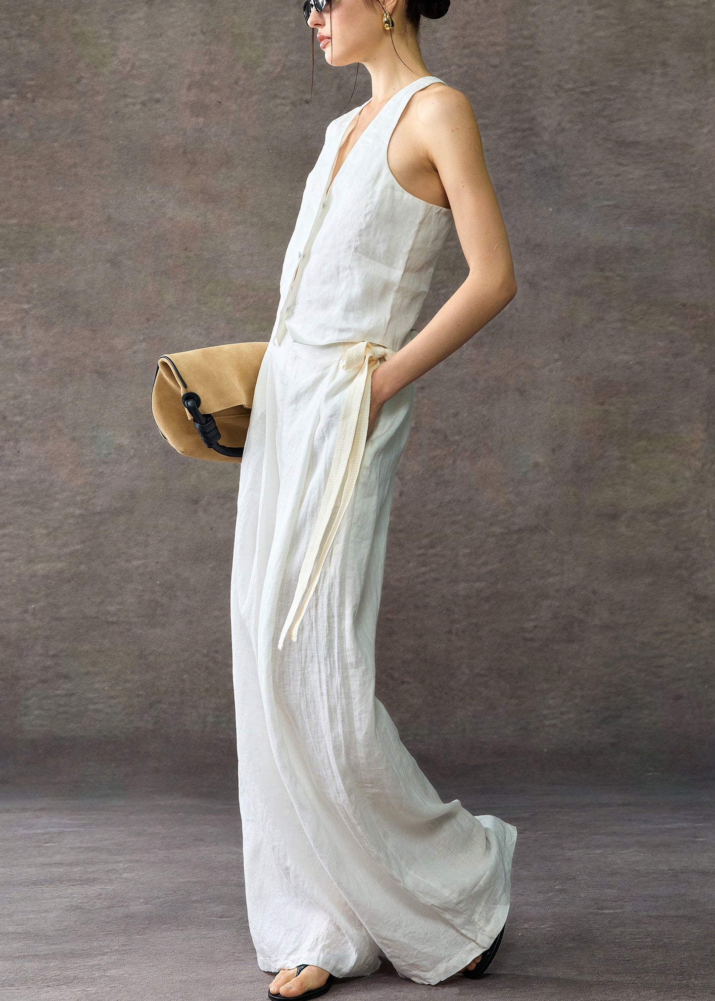 Stylish White V Neck Waistcoat And Wide Leg Pants Linen Two Piece Set Sleeveless