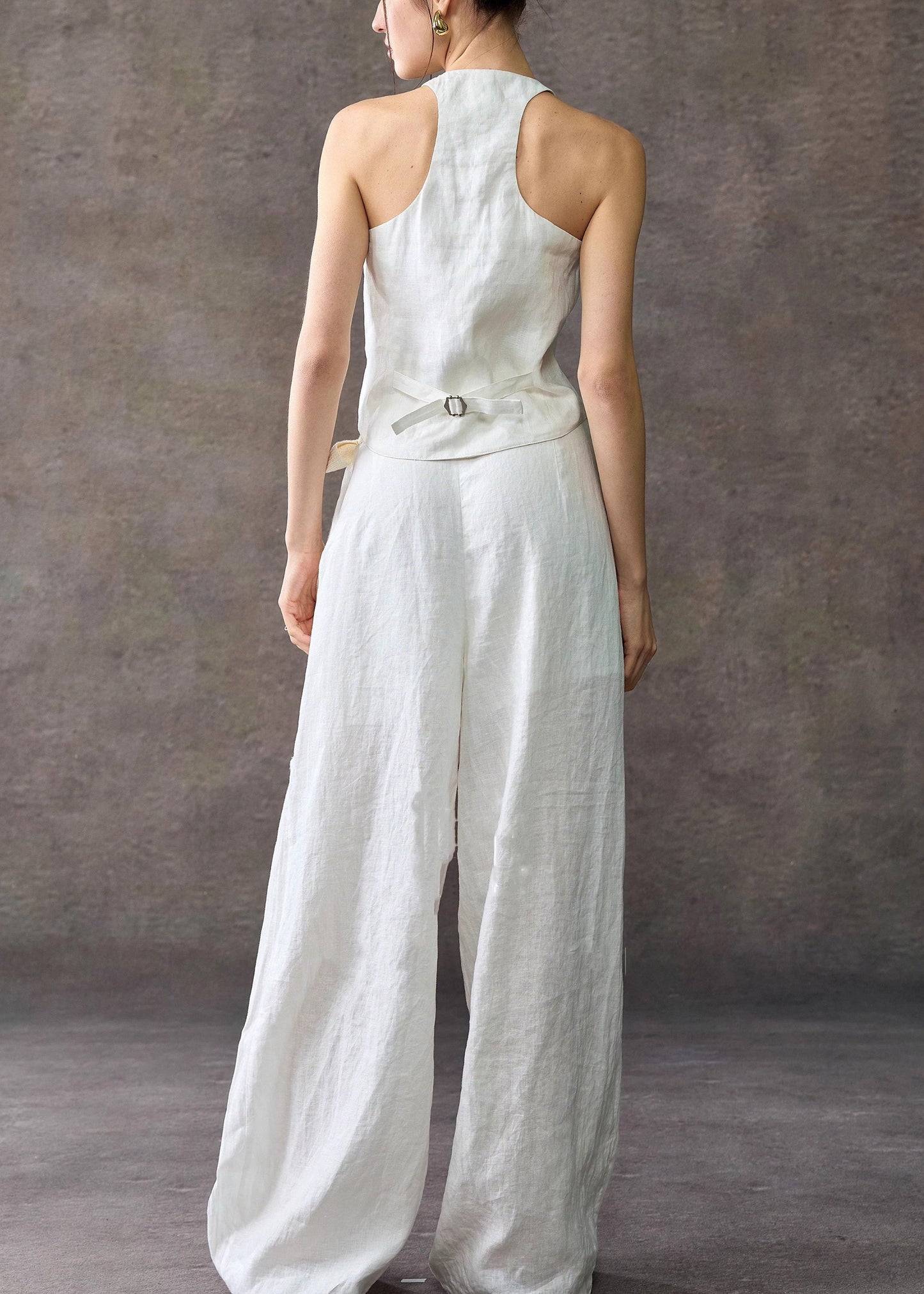 Stylish White V Neck Waistcoat And Wide Leg Pants Linen Two Piece Set Sleeveless
