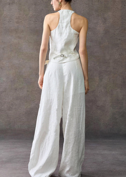 Stylish White V Neck Waistcoat And Wide Leg Pants Linen Two Piece Set Sleeveless