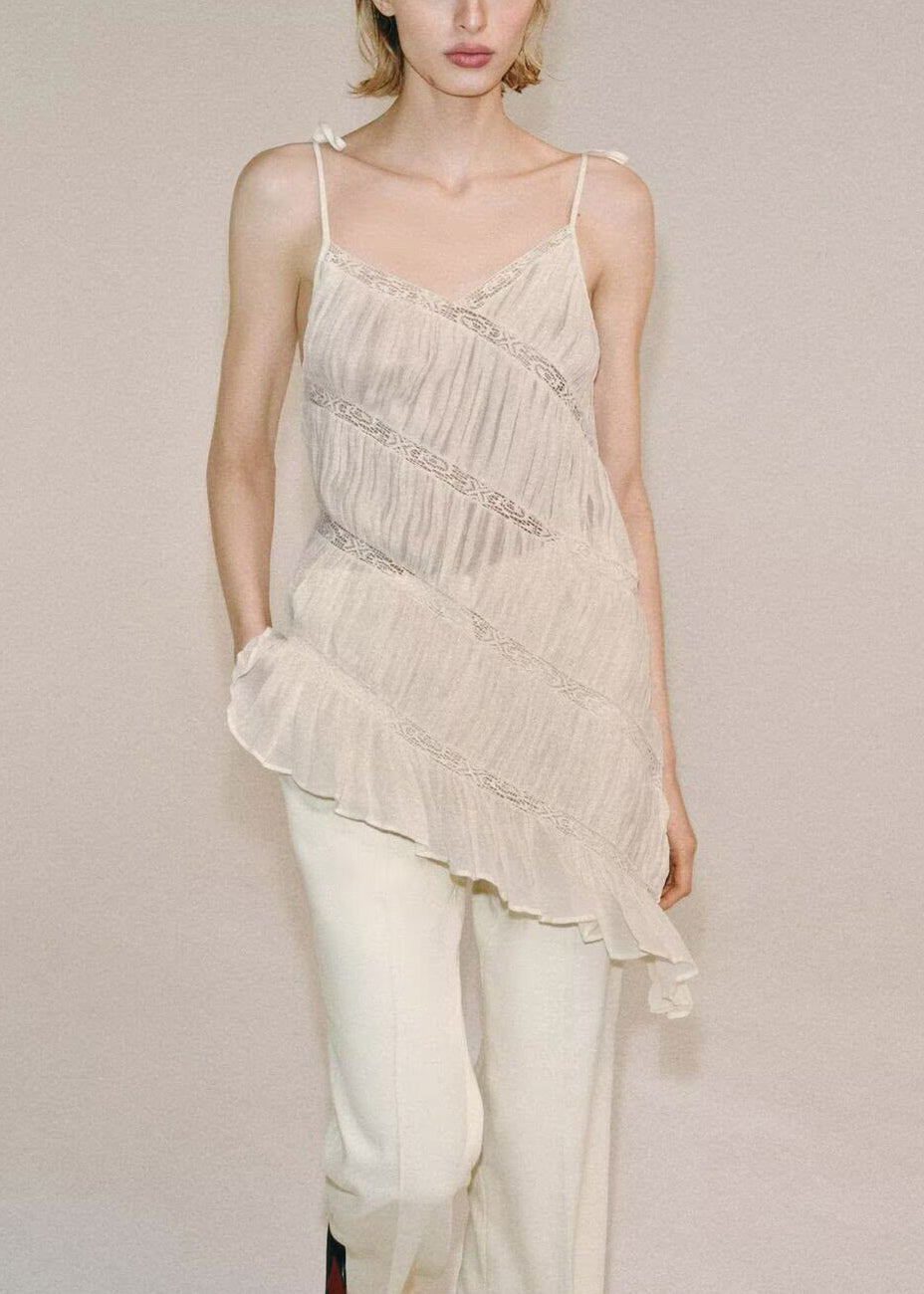 Stylish White Wrinkled Asymmetrical Patchwork Cotton Tops Sleeveless