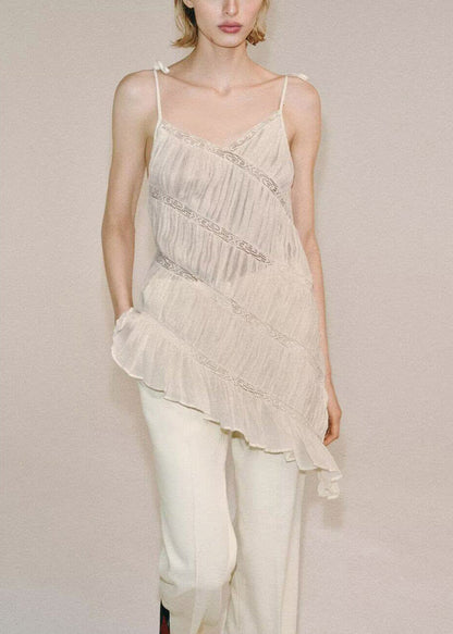 Stylish White Wrinkled Asymmetrical Patchwork Cotton Tops Sleeveless