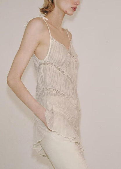 Stylish White Wrinkled Asymmetrical Patchwork Cotton Tops Sleeveless