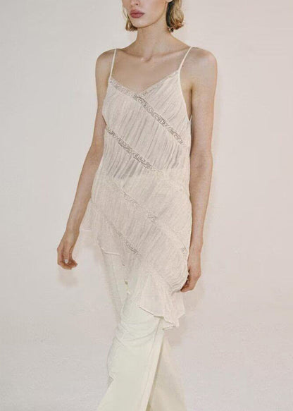 Stylish White Wrinkled Asymmetrical Patchwork Cotton Tops Sleeveless