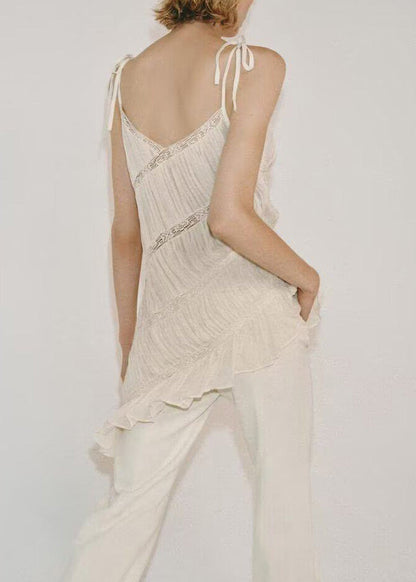 Stylish White Wrinkled Asymmetrical Patchwork Cotton Tops Sleeveless