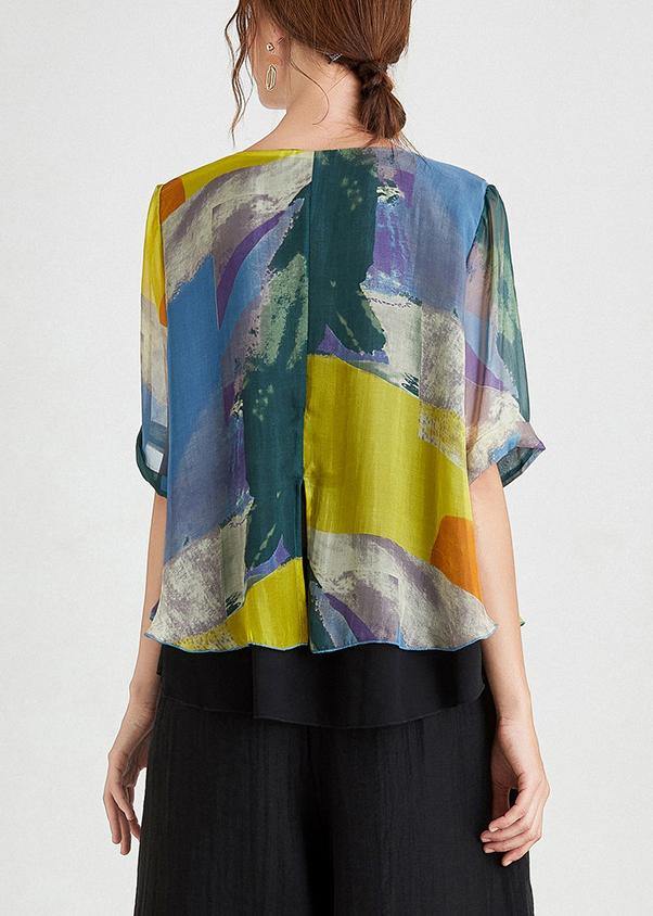 Stylish Yellow Blue Half Sleeve Chiffon Summer Shirt - SooLinen