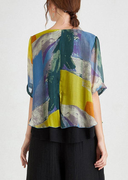 Stylish Yellow Blue Half Sleeve Chiffon Summer Shirt - SooLinen