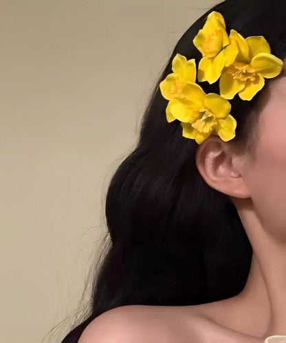 Stylish Yellow Copper Cloth Floral A Pair Hairpin