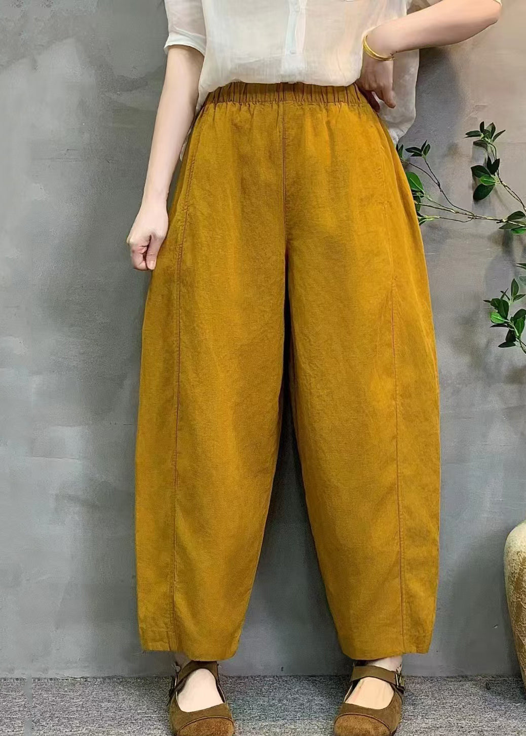 Stylish Yellow Elastic Waist Linen Harem Pants Summer