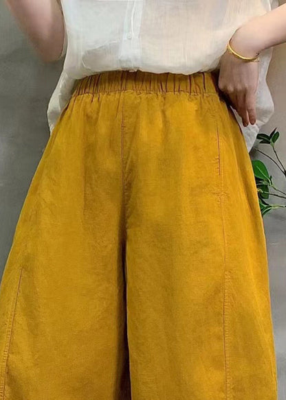 Stylish Yellow Elastic Waist Linen Harem Pants Summer
