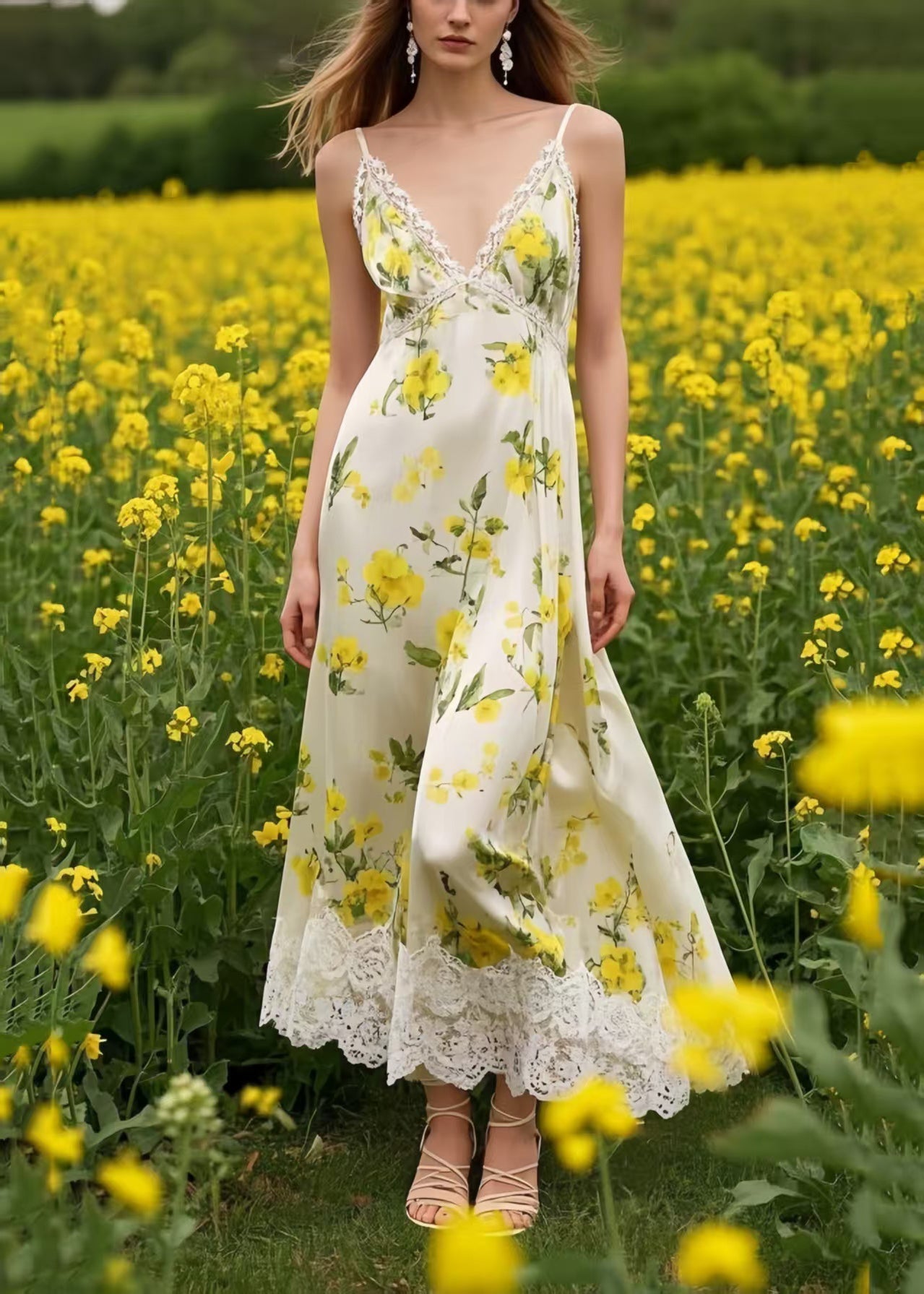 Stylish Yellow Floral Patchwork Lace Chiffon Cami Dress Summer