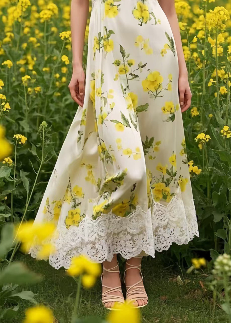 Stylish Yellow Floral Patchwork Lace Chiffon Cami Dress Summer