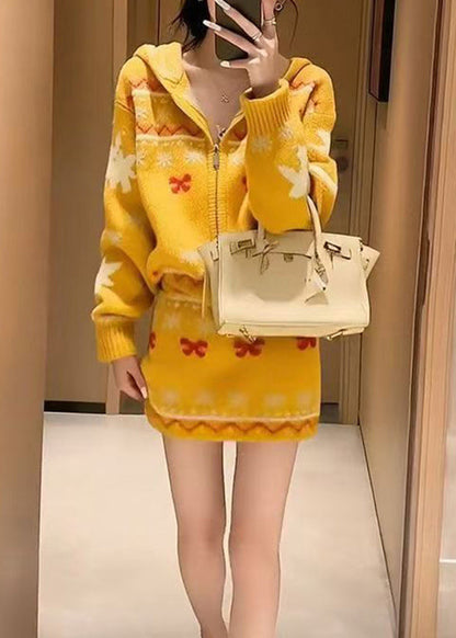 Stylish Yellow Hooded Jacquard Knit Two-Piece Set Winter