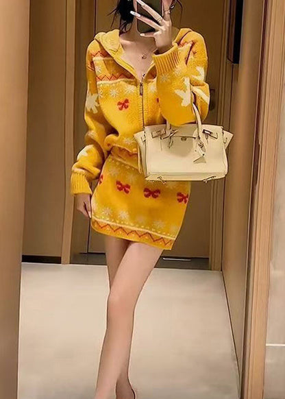 Stylish Yellow Hooded Jacquard Knit Two-Piece Set Winter