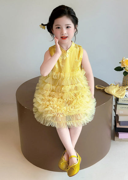 Stylish Yellow Jacquard Patchwork Tulle Kids Girls Robe Dresses Summer