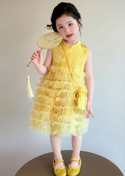 Stylish Yellow Jacquard Patchwork Tulle Kids Girls Robe Dresses Summer