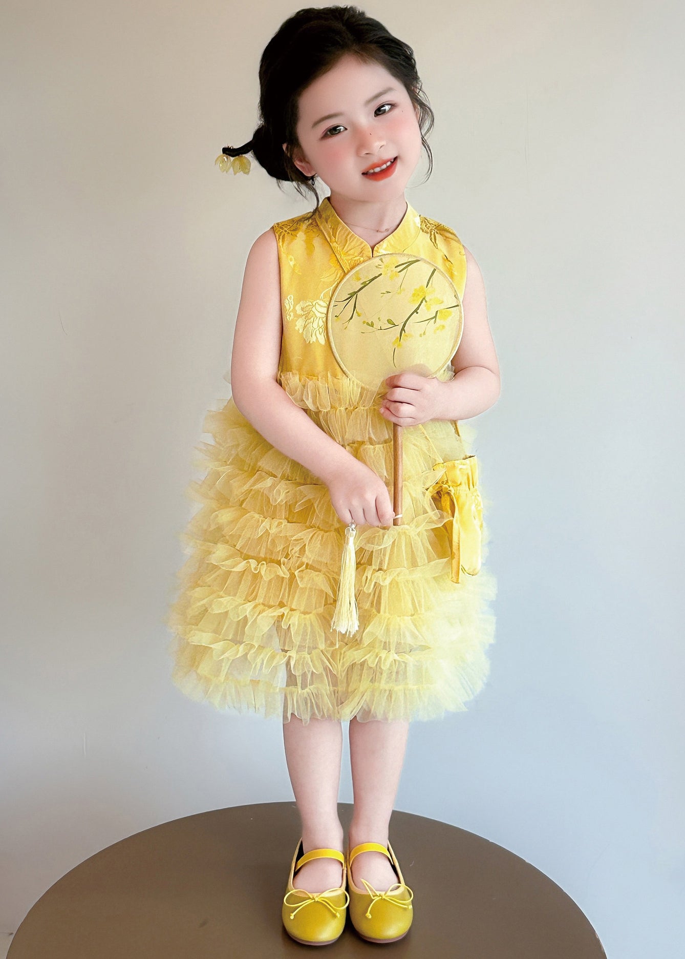 Stylish Yellow Jacquard Patchwork Tulle Kids Girls Robe Dresses Summer