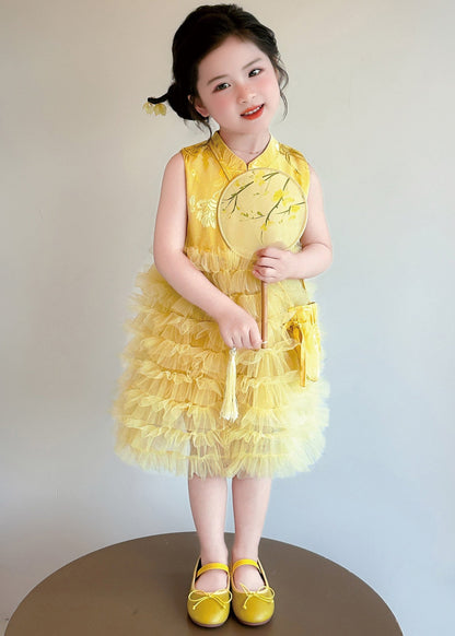 Stylish Yellow Jacquard Patchwork Tulle Kids Girls Robe Dresses Summer
