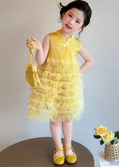Stylish Yellow Jacquard Patchwork Tulle Kids Girls Robe Dresses Summer