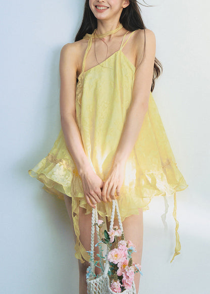 Stylish Yellow One Shoulder Ruffled Tulle Mini Dress Summer