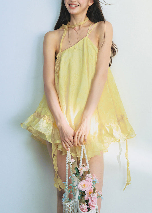 Stylish Yellow One Shoulder Ruffled Tulle Mini Dress Summer