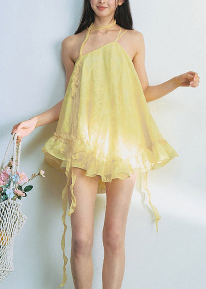 Stylish Yellow One Shoulder Ruffled Tulle Mini Dress Summer