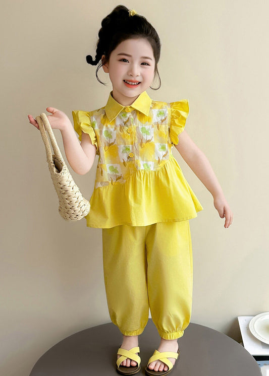 Stylish Yellow Peter Pan Collar Print Girls Top And Crop Pants Two Pieces Set Summer