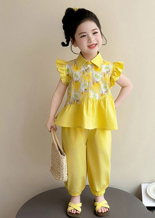 Stylish Yellow Peter Pan Collar Print Girls Top And Crop Pants Two Pieces Set Summer