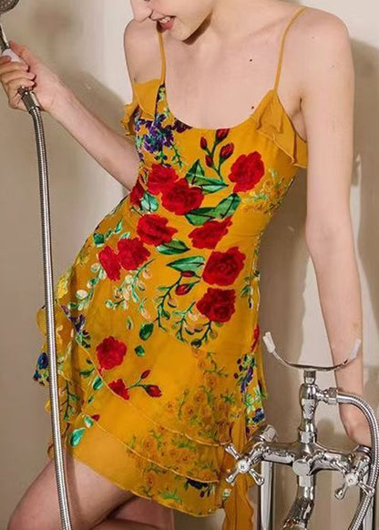 Stylish Yellow Ruffled Print Chiffon Spaghetti Strap Dress Sleeveless