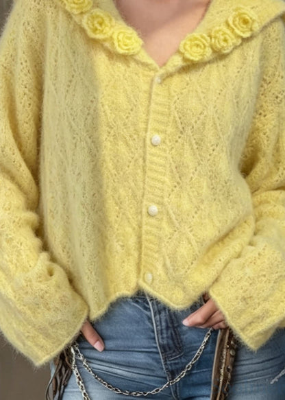 Stylish Yellow Sailor Collar Floral Knit Cardigan Fall