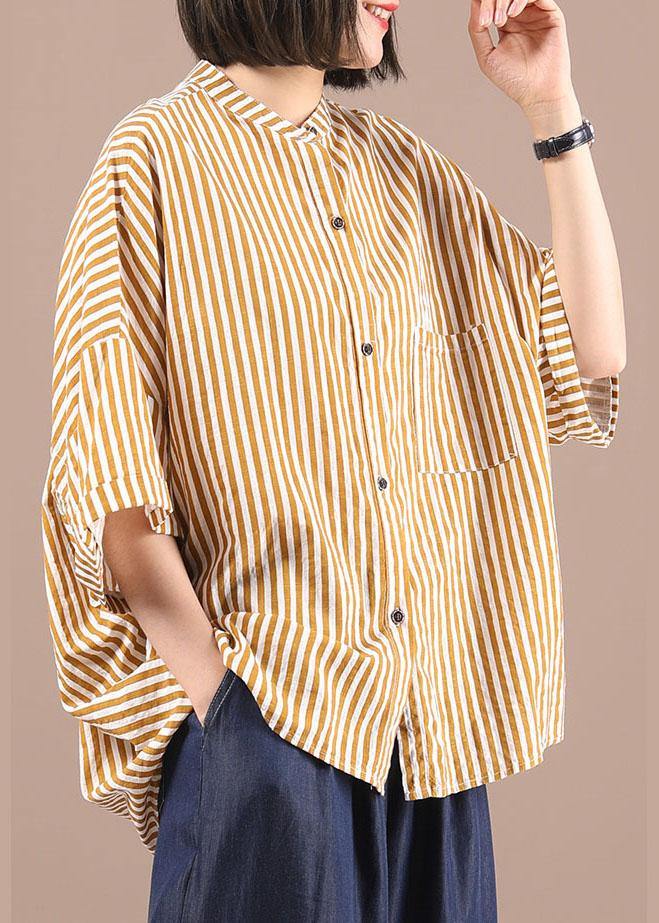 Stylish Yellow Striped low high design Half Sleeve Cotton Shirt Top Summer - SooLinen