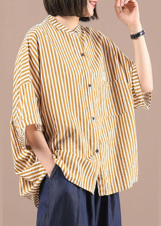 Stylish Yellow Striped low high design Half Sleeve Cotton Shirt Top Summer - SooLinen