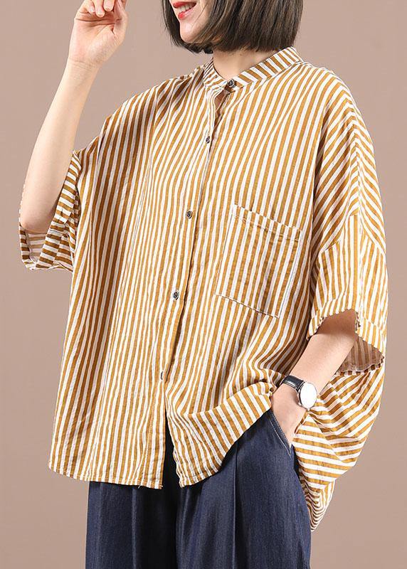 Stylish Yellow Striped low high design Half Sleeve Cotton Shirt Top Summer - SooLinen