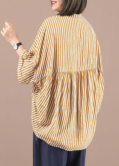 Stylish Yellow Striped low high design Half Sleeve Cotton Shirt Top Summer - SooLinen