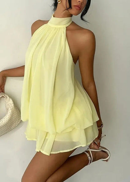 Stylish Yellow Turtleneck Solid Chiffon Mid Dress Sleeveless