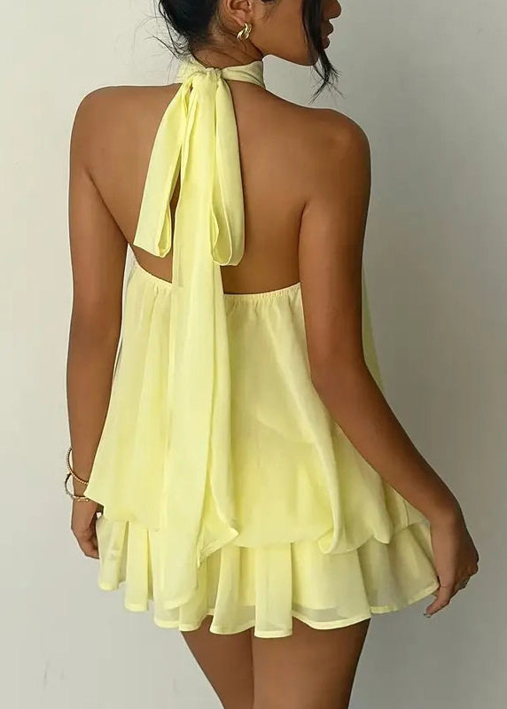Stylish Yellow Turtleneck Solid Chiffon Mid Dress Sleeveless