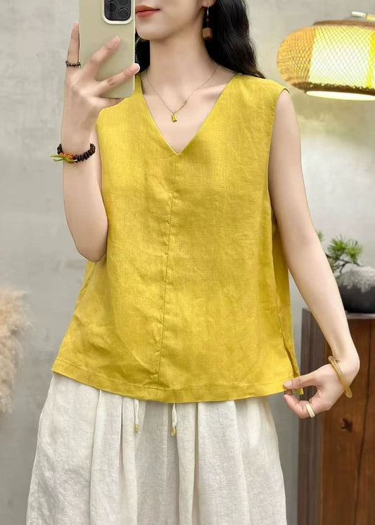 Stylish Yellow V Neck Linen Tops Sleeveless