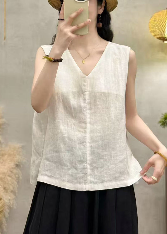 Stylish Yellow V Neck Linen Tops Sleeveless