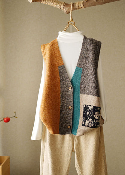 Stilvolle gelbe ärmellose Strandweste aus Patchwork-Strick mit V-Ausschnitt