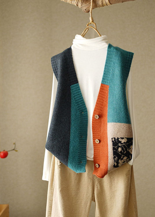 Stilvolle gelbe ärmellose Strandweste aus Patchwork-Strick mit V-Ausschnitt