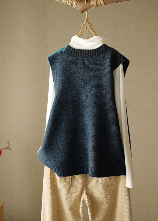 Stilvolle gelbe ärmellose Strandweste aus Patchwork-Strick mit V-Ausschnitt