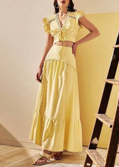 Stylish Yellow V Neck Patchwork Top And Skirts Cotton Two-Piece Set Summer