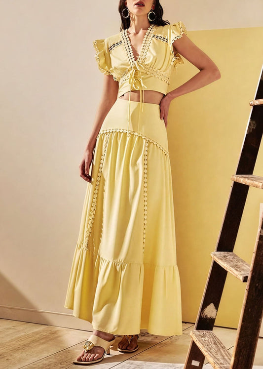 Stylish Yellow V Neck Patchwork Top And Skirts Cotton Two-Piece Set Summer