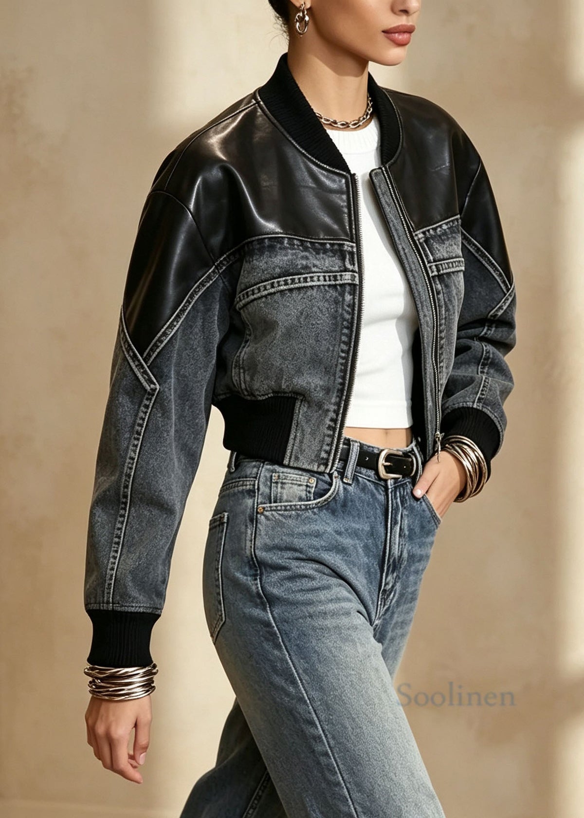 Stylish Zip Up Faux Leather Patchwork Denim Short Coats Fall